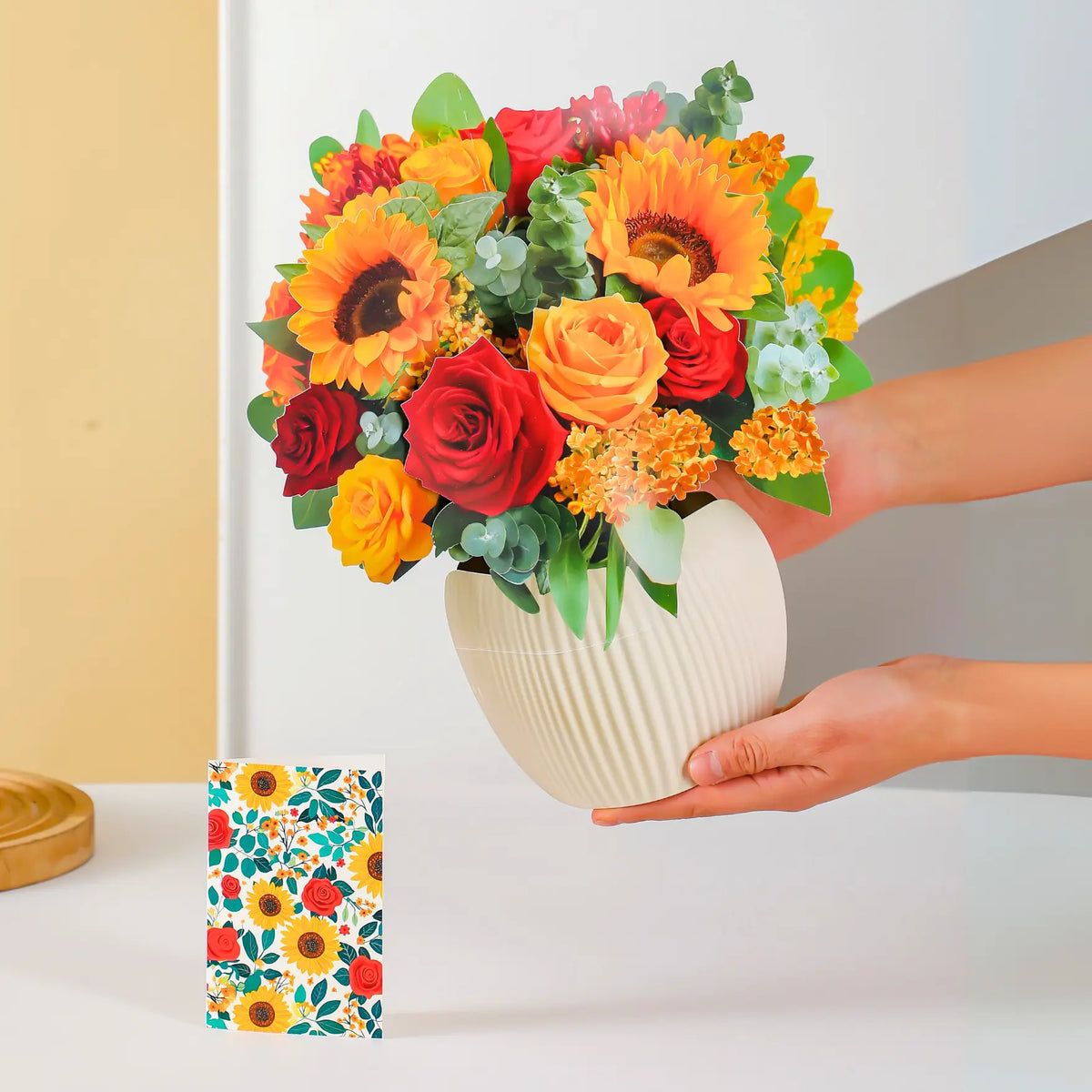 Golden-Harvest-paper-pop-up-bouquet-of-roses-and-sunflowers-—-PetalPal